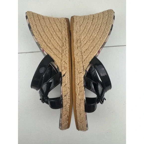 Burberry Haymarket Check Espadrille Wedge Sandals Black Patent Leather 38 7.5 8 - Picture 5 of 9